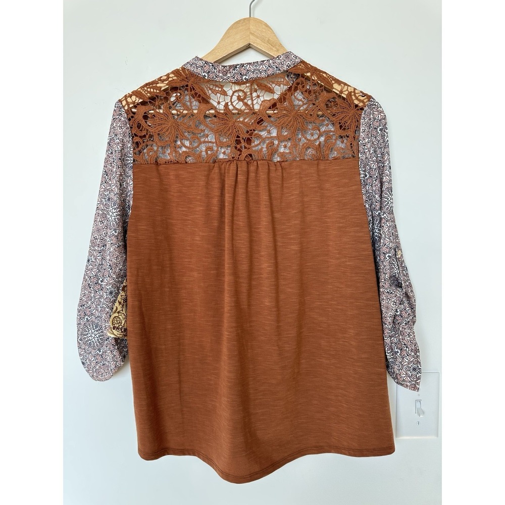 One World Womens Large Patterned Lace Crochet Brown Mauve 3/4 Sleeve Top - Picture 2 of 9